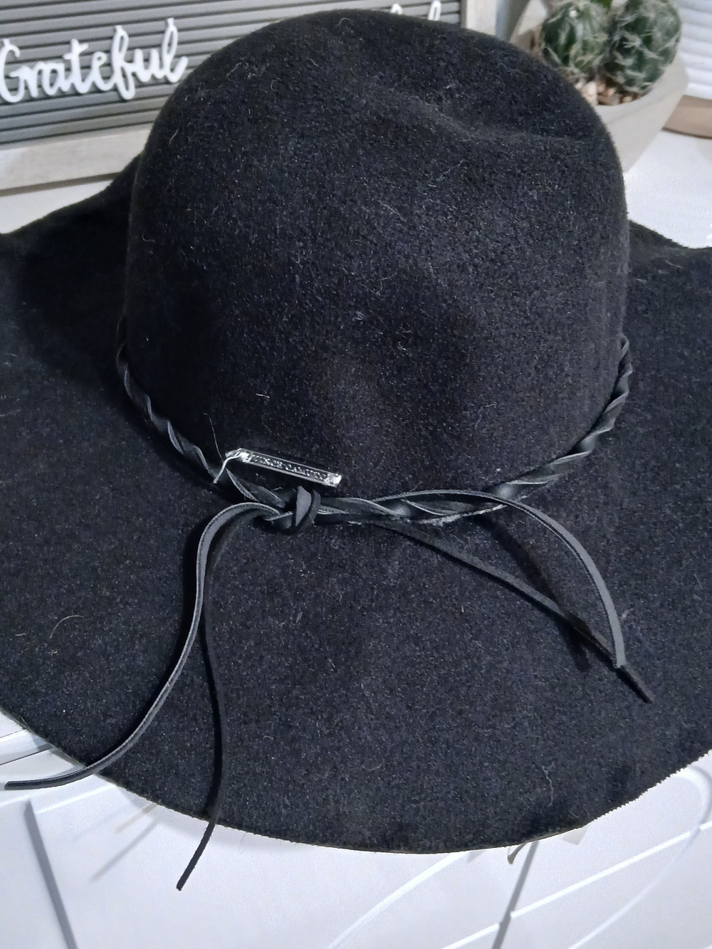 Vince Camuto Black Wide-Brim Felt Hat, Adjustable Braided Leather Trim, NWT